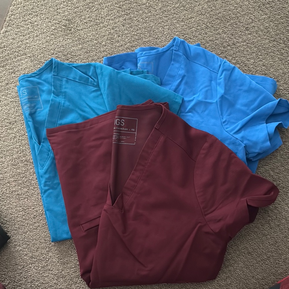FIGS Scrub Tops in Blue and Burgundy